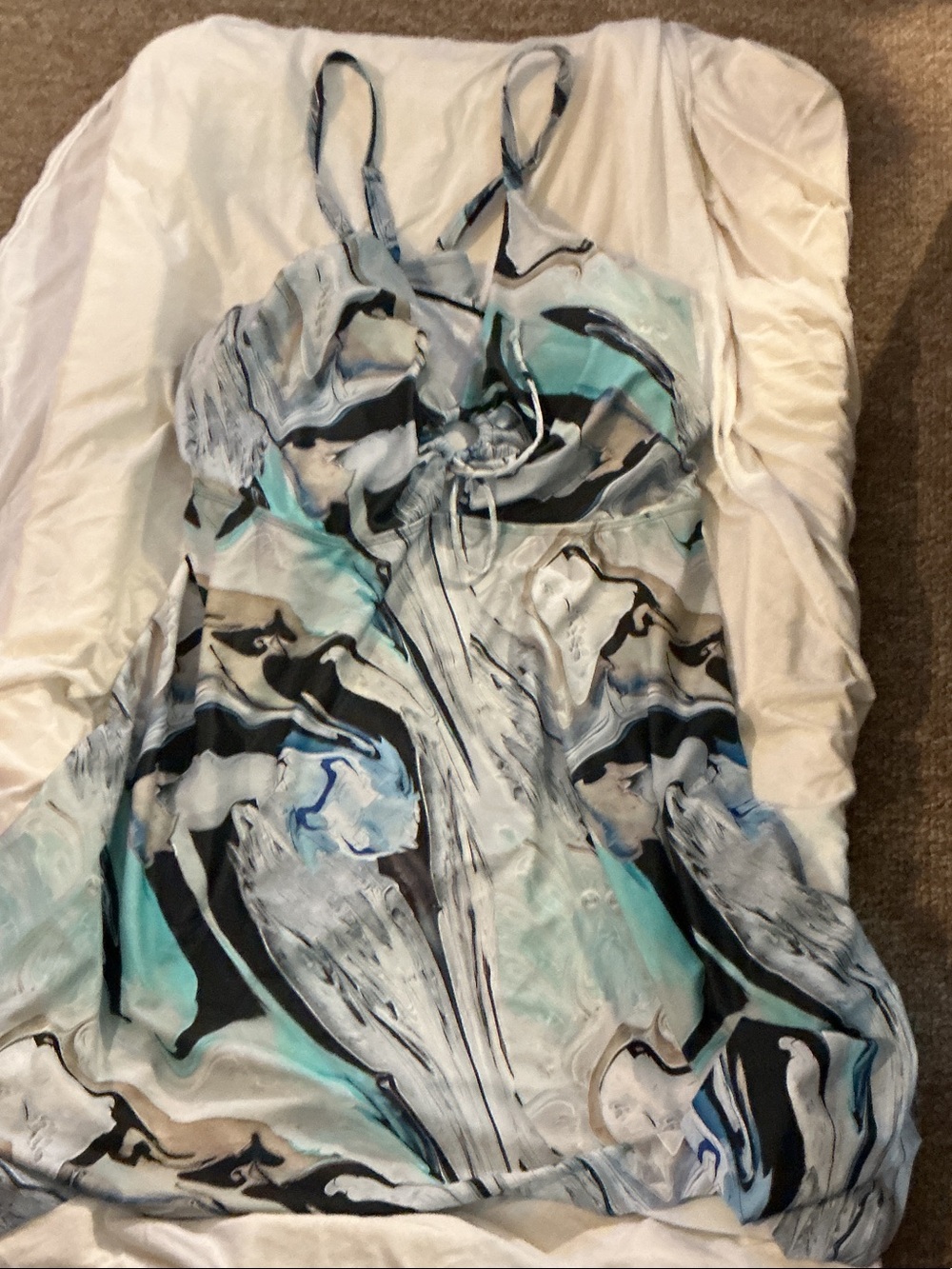 Women's Marble-Print Swim Bodysuit in Aqua and Black see description